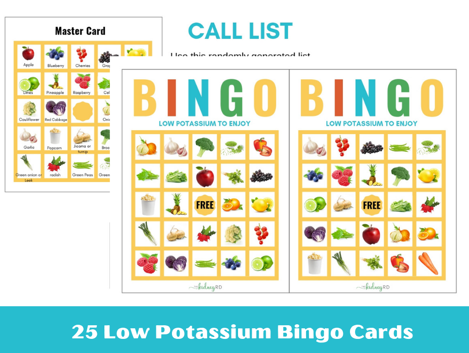 Low Potassium Bingo Cards for Dialysis - Well Resourced Dietitian for Free Printable Nutrition Bingo Cards
