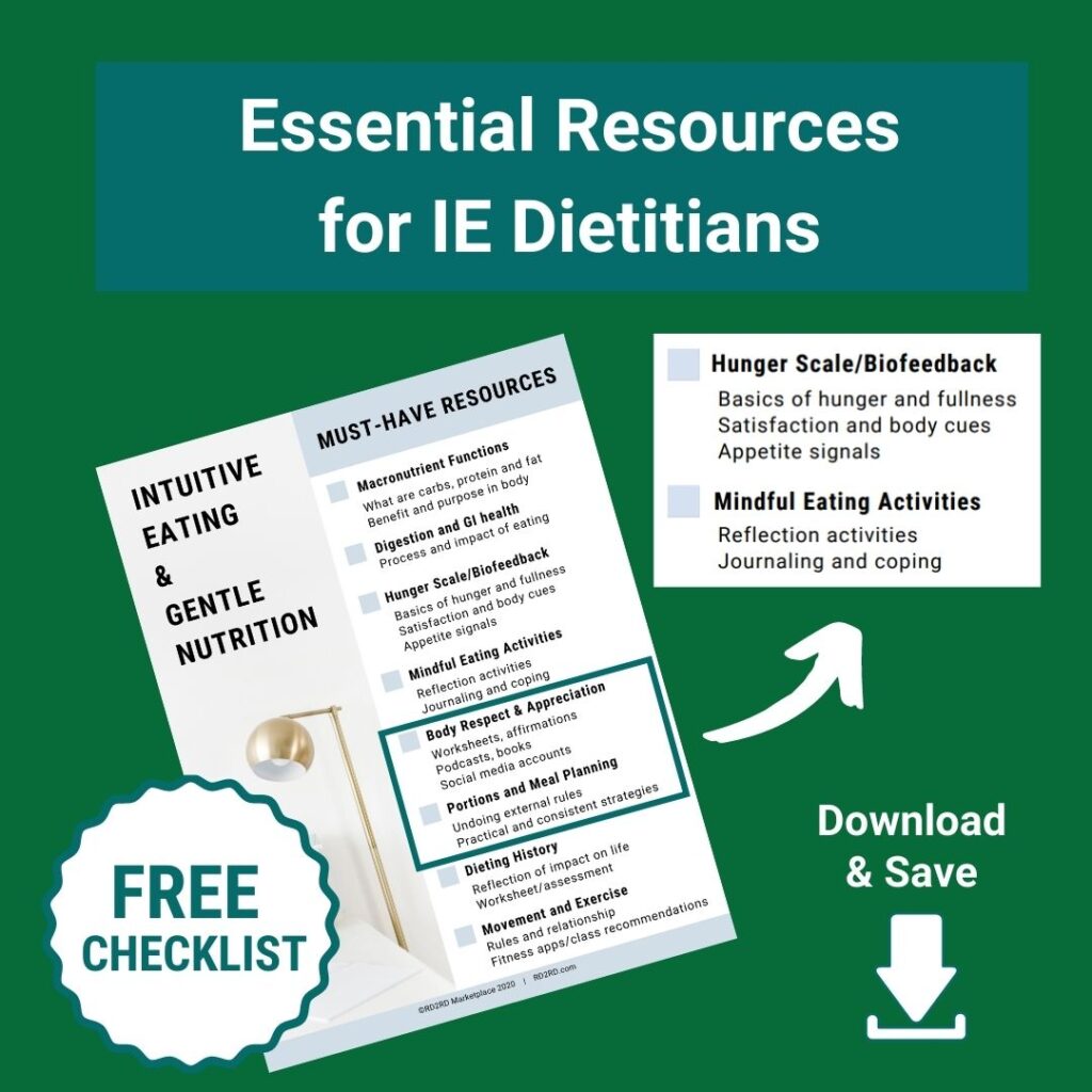 page previews from list of essential resource for intuitive eating dietitians