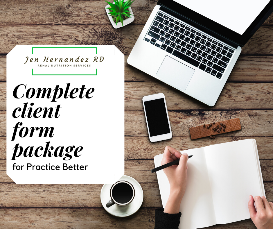 desk with notebook and computer and text complete client forms package for practice better