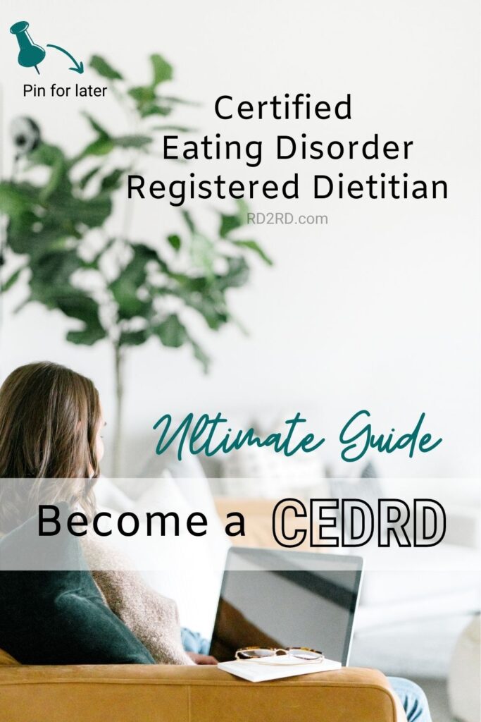 woman sitting on couch working on laptop lettering on screen become a certified eating disorder registered dietitian