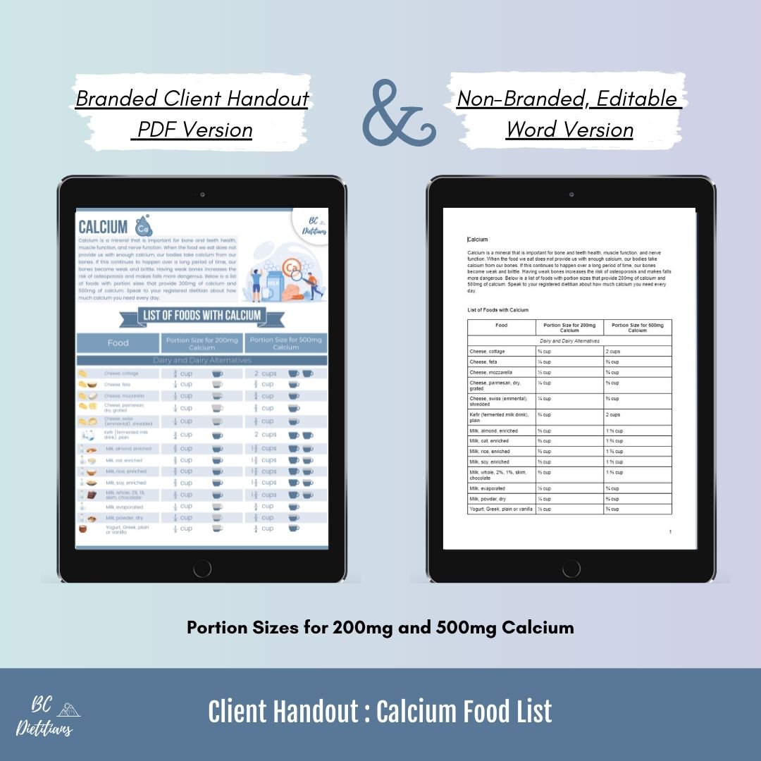 Client Handout Calcium Food List Well Resourced Dietitian