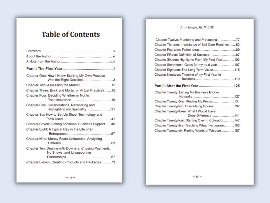 page preview table of contents for nutritionist in private practice