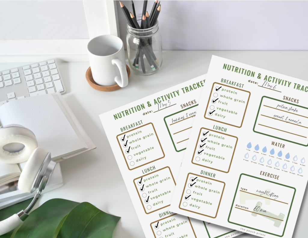 Page previews of nutrition and activity tracker sheet.