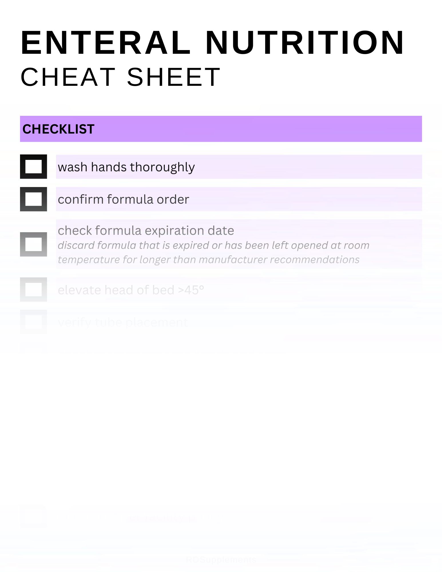 Enteral Nutrition Cheat Sheet with Full Page of Common Problems, Causes