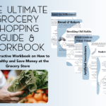 Text: the ultimate grocery shopping guide & workbook - An Interactive Workbook on How to Eat Healthy and Save Money at the Grocery Store. Images of sample pages including "know the differences" "bread and bakery" "breaking old habits" "whole grain vs whole wheat" "artificial sweeteners" "work it out" "cereal and nut butters" with image of man holding head of romaine lettuce