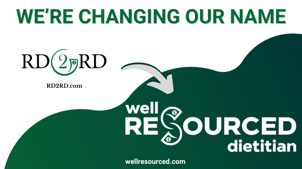 current branding of RD2RD shown with arrow towards new branding of Well Resourced Dietitian