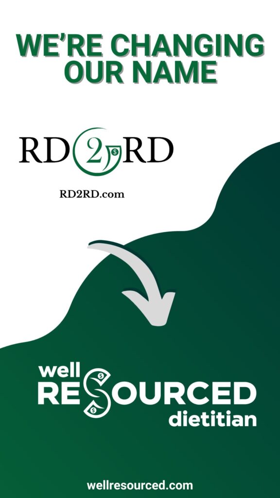 current branding of RD2RD shown with arrow towards new branding of Well Resourced Dietitian