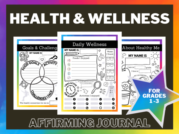 Content previews of Health and Wellness Affirming Journal for elementary school children.