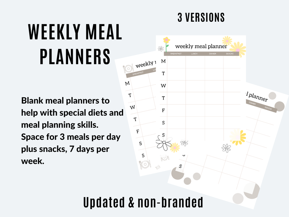 Three versions of weekly meal planners with columns for three meals