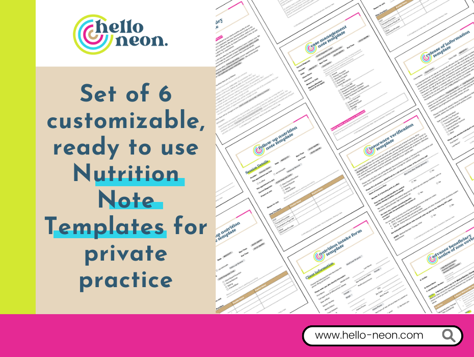 Page previews of Just the Notes nutrition note templates.
