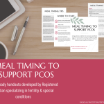 Page previews of Meal Timing to Support PCOS nutrition education handout.