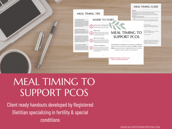 Page previews of Meal Timing to Support PCOS nutrition education handout.