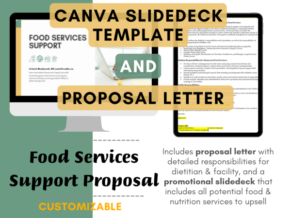 canva slidedeck template and proposal letter preview. title is "Food services support proposal" followed by a little paragraph "Includes proposal letter with detailed responsibilities for dietitian & facility, and a promotional slidedeck that includes all potential food & nutrition services to upsell"