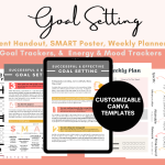 Goal setting customizable canva template that includes client handout, poster, trackers and planners