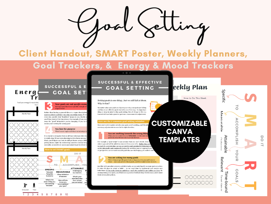 Goal setting customizable canva template that includes client handout, poster, trackers and planners