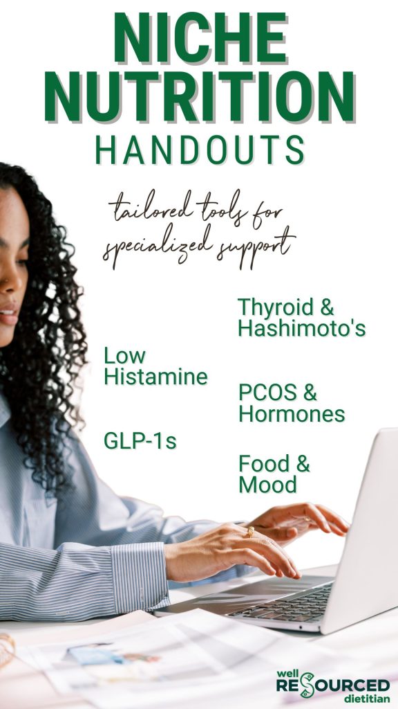 Woman typing on laptop with papers nearby on desk. Text overlay of Niche Nutrition Handouts.