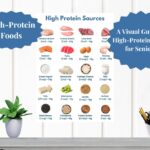 Visual guide to high-protein foods for seniors, featuring meat, dairy, fish, and plant-based options with protein content listed for each food