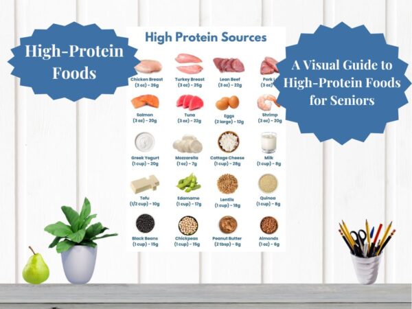 Visual guide to high-protein foods for seniors, featuring meat, dairy, fish, and plant-based options with protein content listed for each food