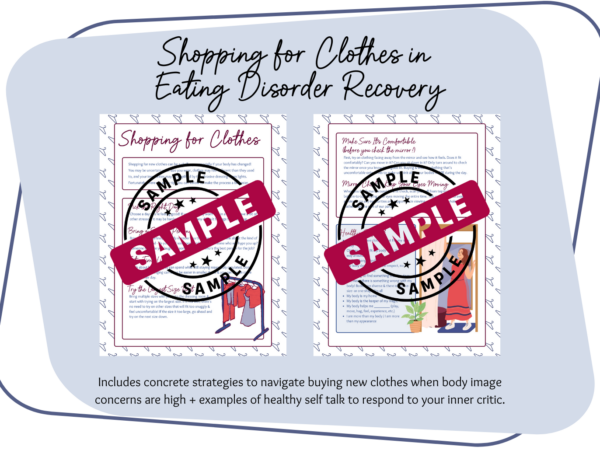 Shopping for Clothes in Eating Disorder Recovery. Includes concrete strategies to navigate buying new clothes when body image concerns are high + examples of healthy self talk to respond to your inner critic.