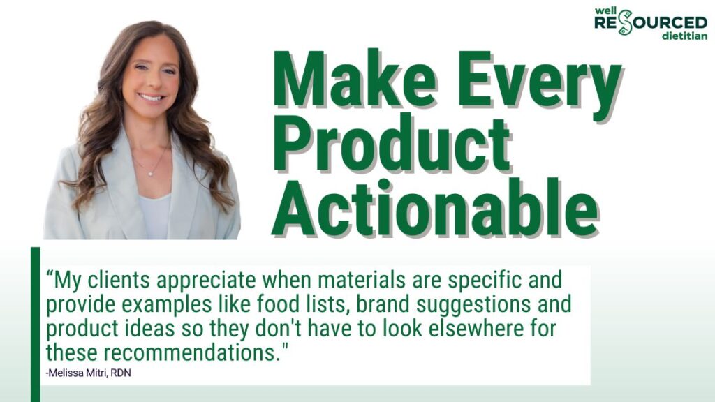 Melissa Mitri, a successful vendor on Well Resourced Dietitian, sharing a tip for creating resources.