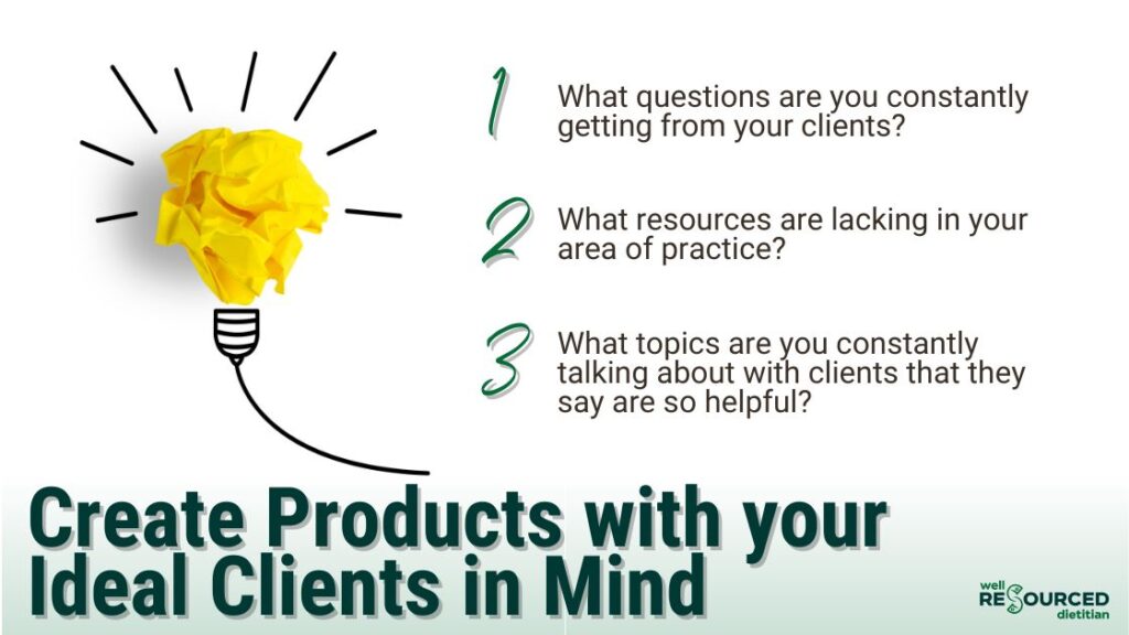 Tips to create products with your ideal client in mind are pictured with an icon of a crumpled piece of yellow paper depicted as a lightbulb.