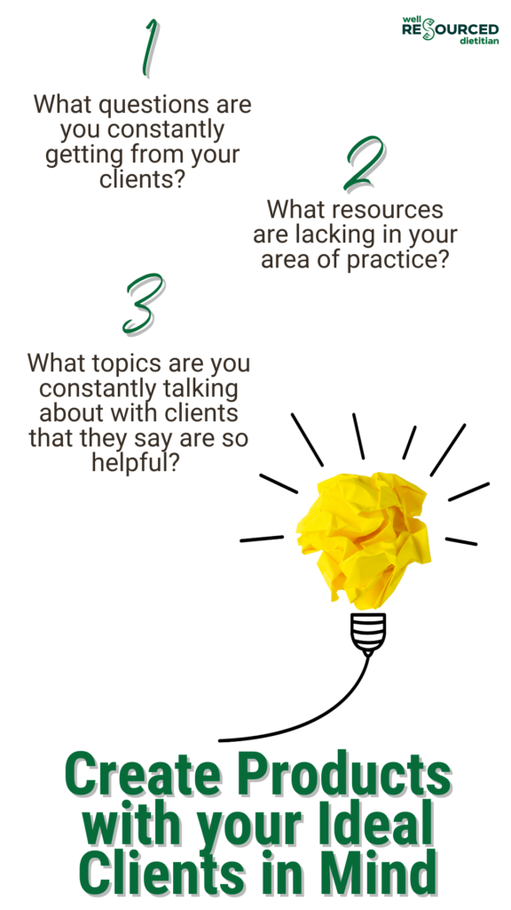 Tips to create products with your ideal client in mind are pictured with an icon of a crumpled piece of yellow paper depicted as a lightbulb.