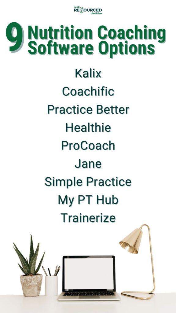 Names of 9 different nutrition coaching software tools shown in a list with laptop workstation pictured.