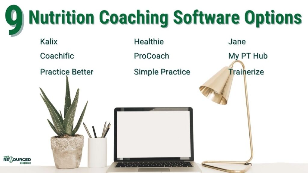 Names of 9 different nutrition coaching software tools shown in a list with laptop workstation pictured.