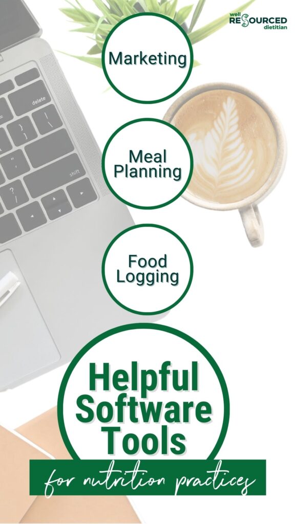 Categories of software tools that are helpful for nutrition coaches including marketing, food logging and meal planning.