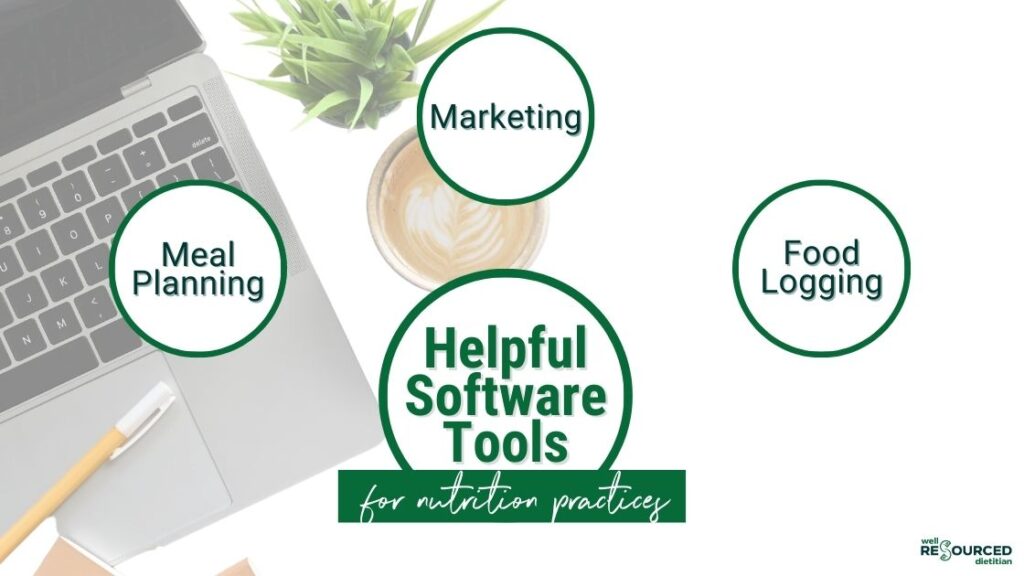 Categories of software tools that are helpful for nutrition coaches including marketing, food logging and meal planning.