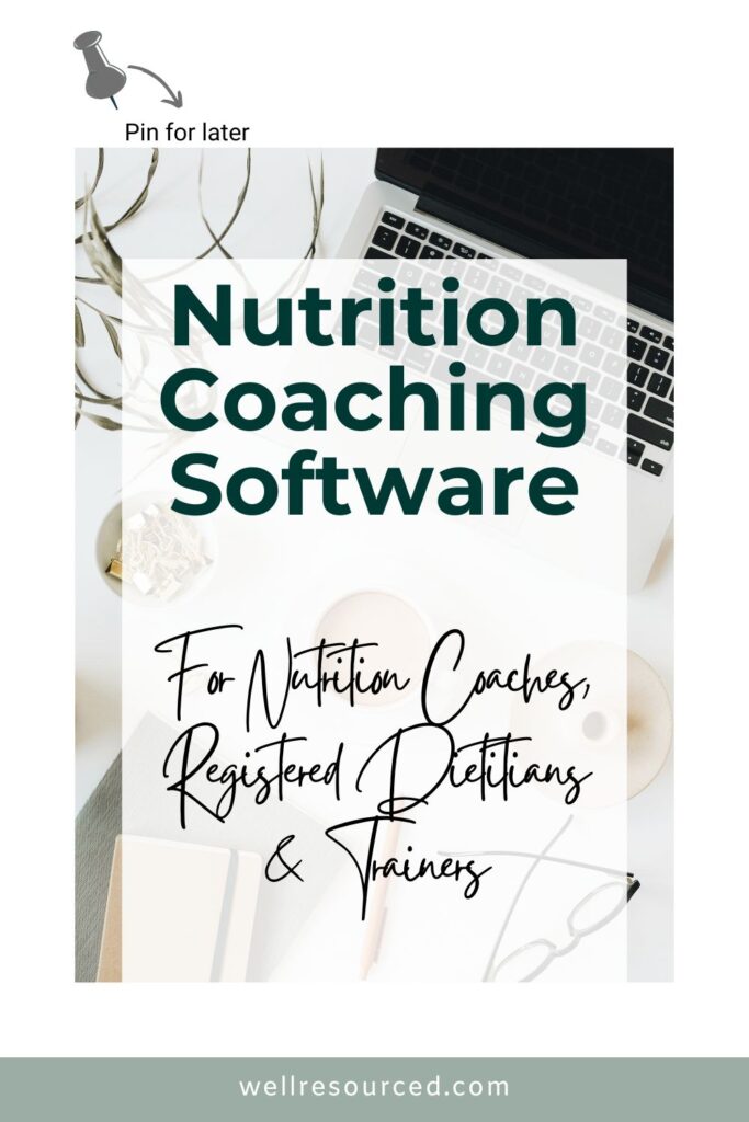 Text overlay reads "nutrition coaching software for nutrition coaches, registered dietitians, and trainer" with background of a laptop on a desk.