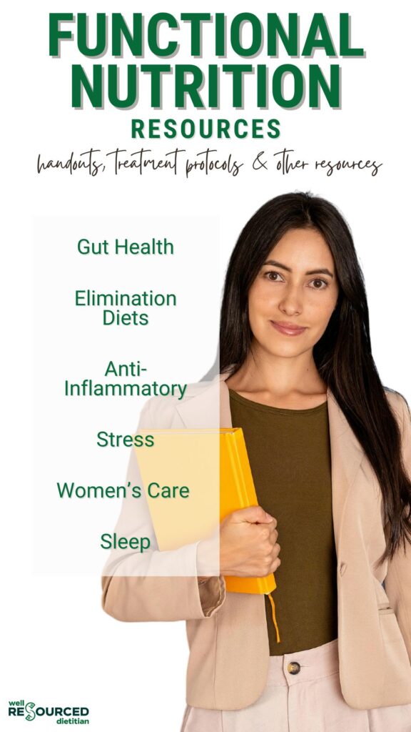 Woman holding a file folder with overlay of text listing functional nutrition topics.