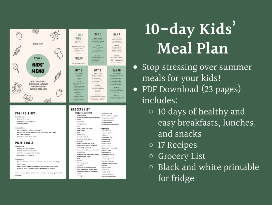 Page previews of 10 Day Kids Summer Meal Plan