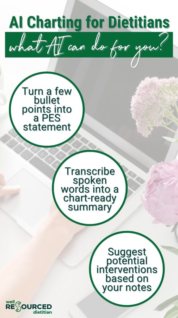 What can AI do for you? is displayed as text overlay on background of desk with laptop. Three circles with text inside list ways that AI can assist dietitians with charting.