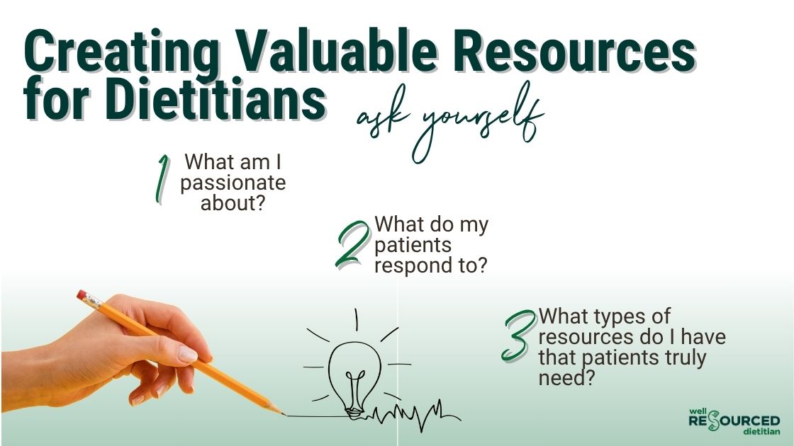 Creating Valuable resources for dietitians is shown as text with list of questions to ask yourself during the process.