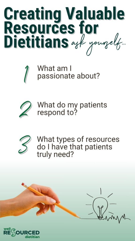 Creating Valuable resources for dietitians is shown as text with list of questions to ask yourself during the process.