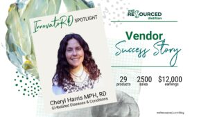 Image of Cheryl Harris, a digestive health dietitian with sales statistics from Well Resourced Dietitian store displayed.