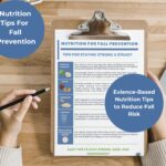 Printable nutrition tips handout for fall prevention in seniors, showing a professional design with evidence-based strategies from a geriatric dietitian.