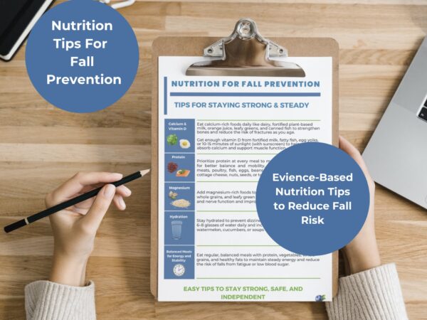Printable nutrition tips handout for fall prevention in seniors, showing a professional design with evidence-based strategies from a geriatric dietitian.
