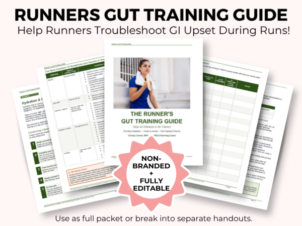 A mockup of a gut training guide for runners with text that says help runners troubleshoot GI upset on runs.