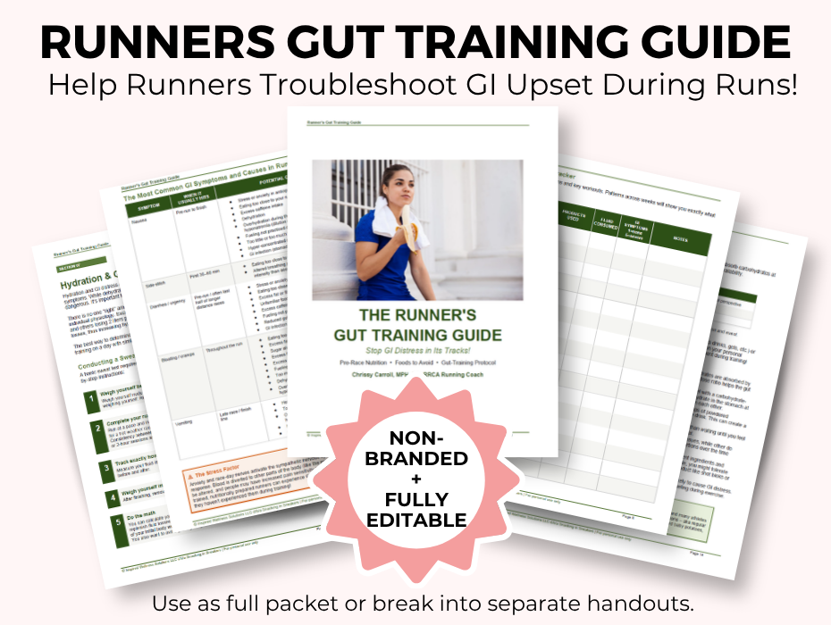 A mockup of a gut training guide for runners with text that says help runners troubleshoot GI upset on runs.