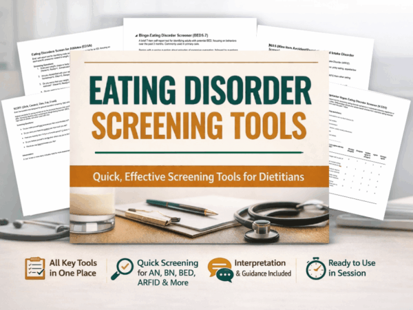 Eating disorder screening tools preview for dietitians showing sample questionnaires and key features.
