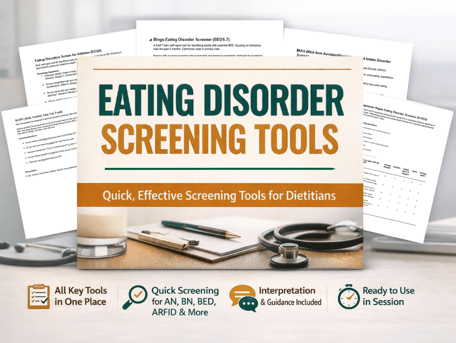 Eating disorder screening tools preview for dietitians showing sample questionnaires and key features.
