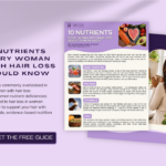 mockup of a hair loss nutrition guide for women covering nutrient deficiencies, ferritin, protein, vitamin D, and scalp health support
