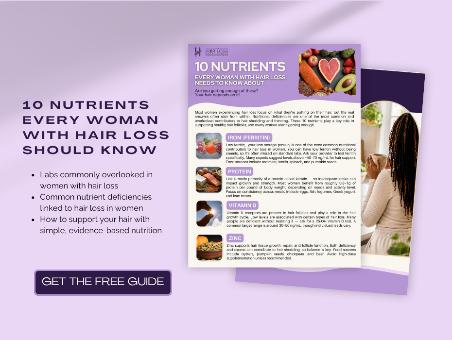 mockup of a hair loss nutrition guide for women covering nutrient deficiencies, ferritin, protein, vitamin D, and scalp health support
