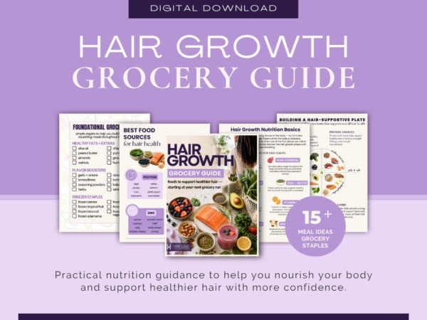 Featured image for a hair growth grocery guide for women experiencing hair loss with meal ideas, grocery staples, and nutrition education