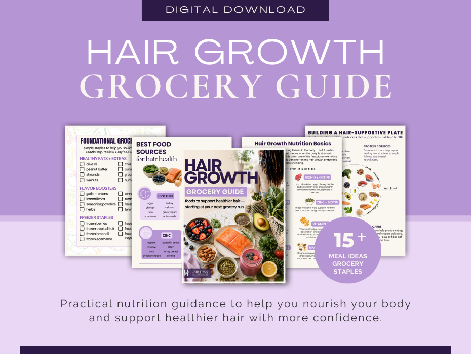 Featured image for a hair growth grocery guide for women experiencing hair loss with meal ideas, grocery staples, and nutrition education