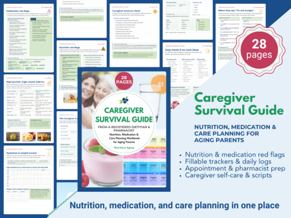 Featured image for the Caregiver Survival Guide, a 28-page printable workbook showing sample pages including medication red flags, nutrition trackers, meal ideas, and care logs, created by a registered dietitian and pharmacist.