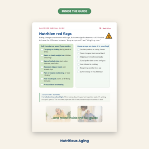 Sample page from the Caregiver Survival Guide showing the nutrition red flags checklist, listing eating and swallowing warning signs that tell caregivers when to monitor and when to call the doctor.