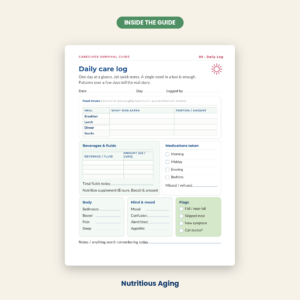 Sample page from the Caregiver Survival Guide showing the daily care log, a one-page fillable sheet for tracking meals, fluids, medications, mood, and other daily notes.